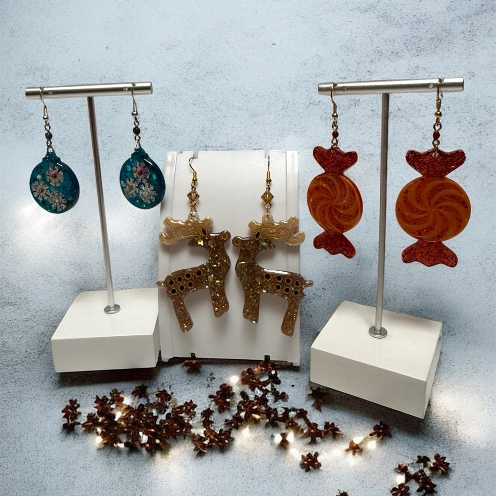 Three Hand Crafted Gold Reindeer, Candy and blue Spheres Earrings